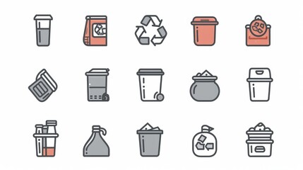 A simple set of garbage-related vector line icons. It contains icons such as cardboard, organic waste, plastic, aluminum can, and more. The icons are editable stroke and are 48x48 pixels