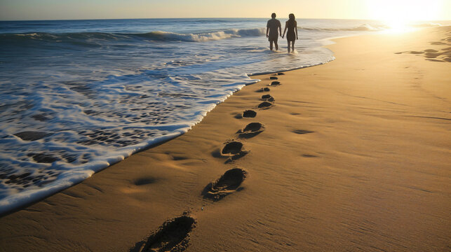 Footprints in the sand reveal a path of shared journeys along a breathtaking beach. Explore this captivating image that symbolizes connection, adventure, and memories.