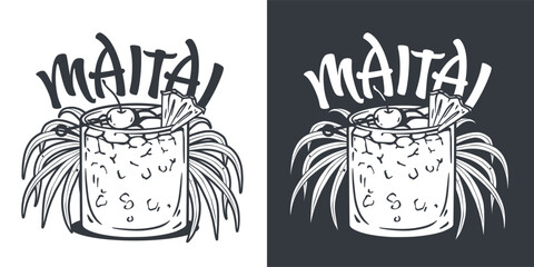Monochrome Mai Tai cocktail vector with slice of pineapple and cherry for cocktail bar or drink summer party. Exotic cocktail with tequila for beach bar and cafe menu