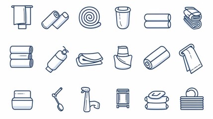 A simple set of towels and napkins related vector line icons. It includes icons such as wet towel, sanitary dispenser, toilet paper, and more. The icons feature editable strokes and are 48x48 pixels