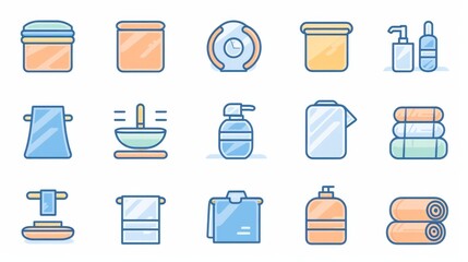 A simple set of towels and napkins related vector line icons. It includes icons such as wet towel, sanitary dispenser, toilet paper, and more. The icons feature editable strokes and are 48x48 pixels