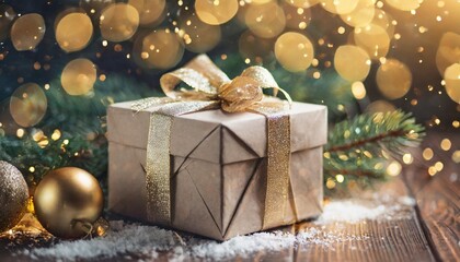 Fototapeta na wymiar christmas card merry christmas and happy new year 2024 beautiful gift box and golden bokeh lights