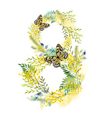 From March 8th mimosa with a butterfly. hand drawing. Not AI . Vector illustration