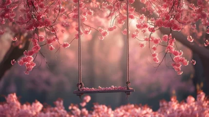 Fotobehang A whimsical swing swaying beneath a canopy of cherry blossoms © ArtCookStudio