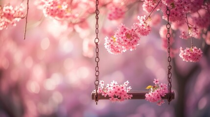 A whimsical swing swaying beneath a canopy of cherry blossoms