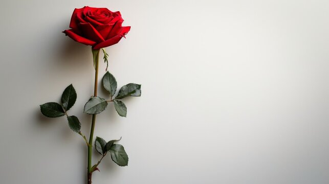 A stark image of a single red rose against a white backdrop
