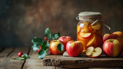 A Wooden Table Displaying a Jar of Canned Apples and Fresh Apples large copyspace area