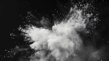 Naklejka premium A mesmerizing white powder explosion captured in vivid detail against a mysterious black background, creating a dramatic and dynamic image. Ideal for adding a touch of energy and excitement