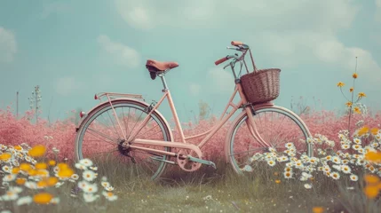 Cercles muraux Vélo A vintage bicycle adorned with a basket of freshly picked wildflowers