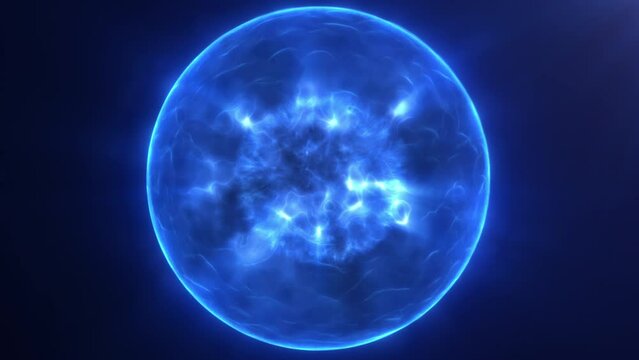 Abstract neon glowing blue bright digital high-tech futuristic plasma sphere created from waves and particles with an icy energy core floats in space. 4k 60fps magical abstract seamless background.