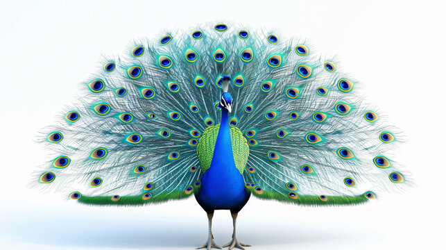 A whimsical 3D rendering of a charming peacock, showcasing vibrant feathers and sparkling details, set against a clean white background. Perfect for adding a touch of elegance and playfulnes