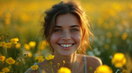 Amidst a meadow of buttercups, she grins with pure delight