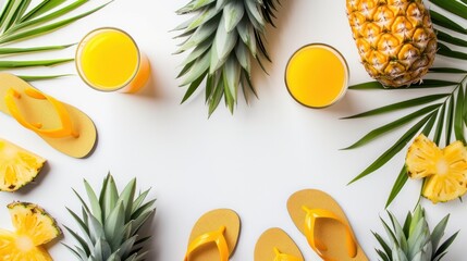 In a tropical summer vacation concept, a pineapple, juice, and flip flops are organized on a white background. This view is from above, featuring a flat lay style - obrazy, fototapety, plakaty