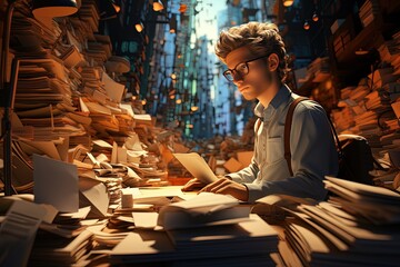 An office worker managing files and folders in an organized office - obrazy, fototapety, plakaty