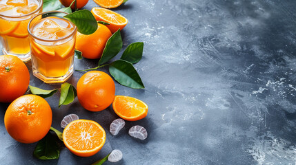 a couple of glasses of orange juice with ice - obrazy, fototapety, plakaty