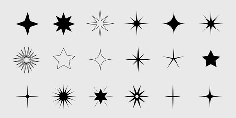 Set of star shapes. Retro futuristic sparkle icons collection. Vector set of Y2K style.