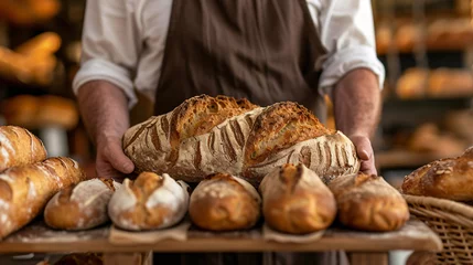 Fotobehang A skilled baker proudly showcasing a tempting assortment of warm, golden artisan bread creations, each handcrafted to perfection. This image captures the essence of culinary arts and the met © Nijat