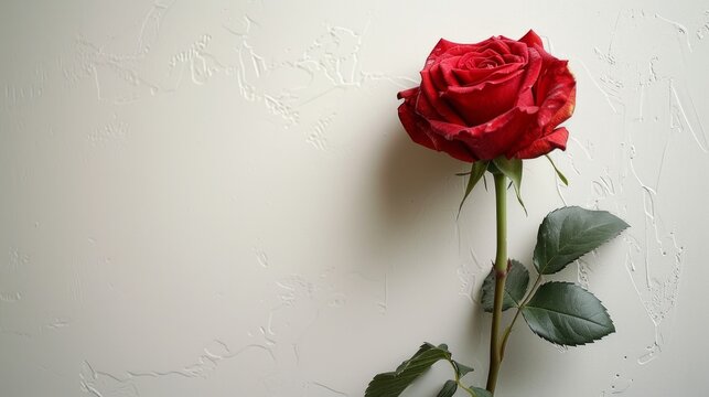 A stark image of a single red rose against a white backdrop