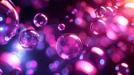 Translucent bubbles float effortlessly, casting reflections in a vibrant neon pink and purple light spectrum