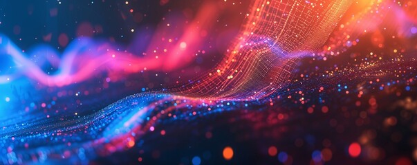 Obraz premium Abstract digital landscape of flowing, multicolored light particles on a dark backdrop, creating a sense of futuristic connectivity and data flow