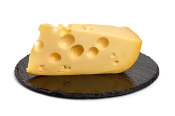 Maasdam cheese block, isolated on white background. High resolution image.