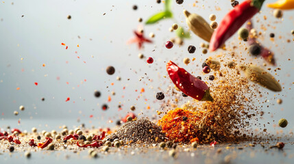 a pile of spices and spices being thrown into the air