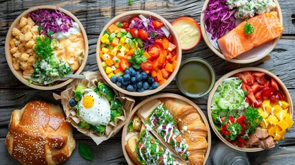 Fotobehang a table with bowls of food and a croissant © Vahagn