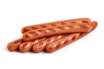 Grilled pork sausages, cooked sausages bbq, isolated on white background.