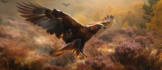 Golden eagle concealed in heather.