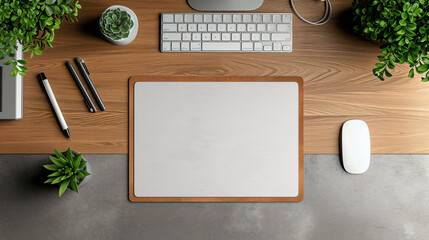 A sleek, modern office desk showcases a blank mouse pad mockup, allowing designers to highlight their office accessory creations. Featuring a large size and detailed surface texture, this mo