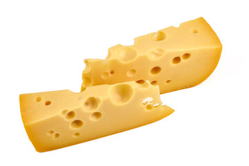 Maasdam cheese block, isolated on white background. High resolution image.