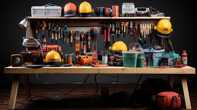 Well-organized workbench with an array of tools and safety equipment