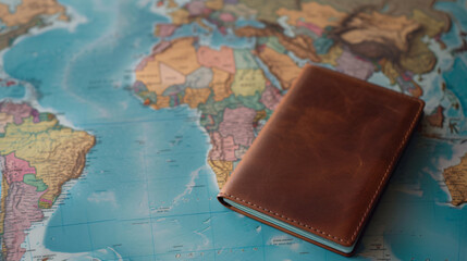 Fototapeta na wymiar A stunning mockup of a blank passport cover positioned against a vibrant world map, showcasing the cover's exceptional material and endless customization possibilities. The perfect image to