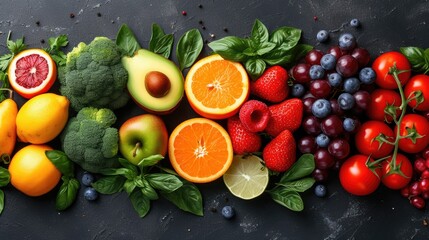 bright set of various fresh fruits and vegetables laid out in a row, an abundance of nature. Harvest, flat lay vegetarian food on dark background - obrazy, fototapety, plakaty