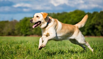 Naklejka na ściany i meble Labrador dog playing, jumping and running