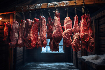 Pieces of fresh meat are suspended on a rope. Generated by artificial intelligence