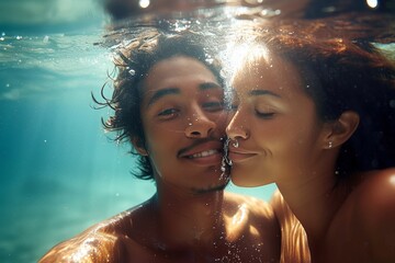 Amidst the tranquil blue waters, a woman and man share a joyful moment as they embrace the freedom and playfulness of being submerged underwater - obrazy, fototapety, plakaty