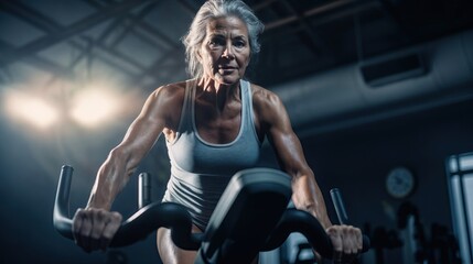 Fototapeta na wymiar A sweating senior woman spinning and riding a stationary bike at the gym. Strong facial expression, moody lighting, cinematic light.