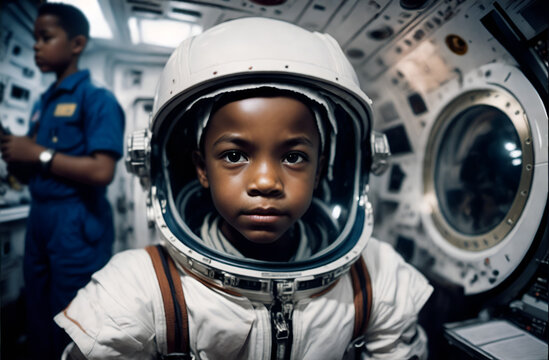 Astronaut kid. African american child wearing astronaut suit in spaceship. Child embracing future profession. Kid in aspirational attire