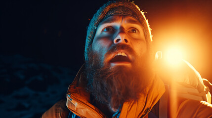 A thrill-seeking explorer in his late 30s, his weathered face adorned with a scruffy beard, exudes an electrifying enthusiasm. Clad in rugged outdoor gear, he emanates a restless excitement - obrazy, fototapety, plakaty