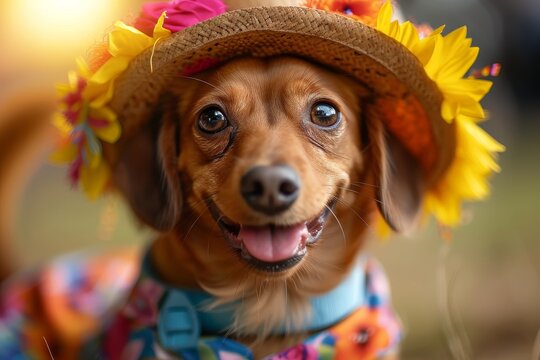 A stylish brown dog of an unknown breed adds a touch of whimsy to its outdoor adventure with a bright yellow hat adorned with a delicate flower, proving that even our furry friends can appreciate fas