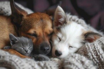 A cozy scene of an unlikely pair, a canine and feline, peacefully snuggled together on a soft bed, their warm bodies intertwined under a fluffy blanket - obrazy, fototapety, plakaty