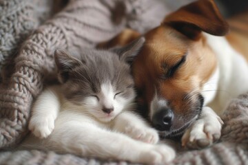 A peaceful slumber, a canine and feline, snuggled in harmony upon the cozy bed, their paws intertwined and the soft white blanket covering them, a heartwarming scene of two unlikely friends embracing - obrazy, fototapety, plakaty