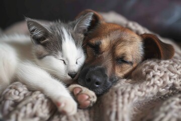 An unlikely friendship blossoms as a peaceful cat and dog snuggle together, their soft fur blending into the cozy indoor blanket beneath them