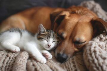 A heartwarming scene unfolds as a furry canine and feline duo cuddle up together for a peaceful nap...