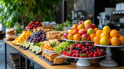 Fototapeta na wymiar Modern restaurant tables showcase colorful fruit platters and artisanal pastries for a delightful morning spread