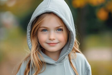 A young girl's piercing gaze shines through her hooded sweatshirt, capturing the essence of youth and vulnerability in this striking outdoor portrait