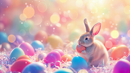 Fototapeta na wymiar Cute Easter Rabbit Eating Chocolate With Eggs With Pastel Colors. Festive Background For Happy Easter. Easter Greeting With Funny Bunny