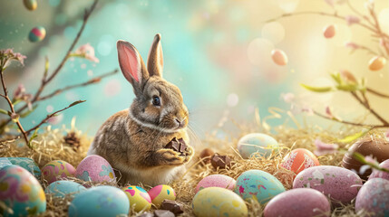 Fototapeta na wymiar Cute Easter Rabbit Eating Chocolate With Eggs With Pastel Colors. Festive Background For Happy Easter. Easter Greeting With Funny Bunny
