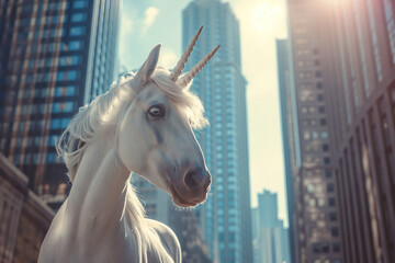 Unicorn as a symbol of successful startup business, in a city, skyscrapers in background with copy space